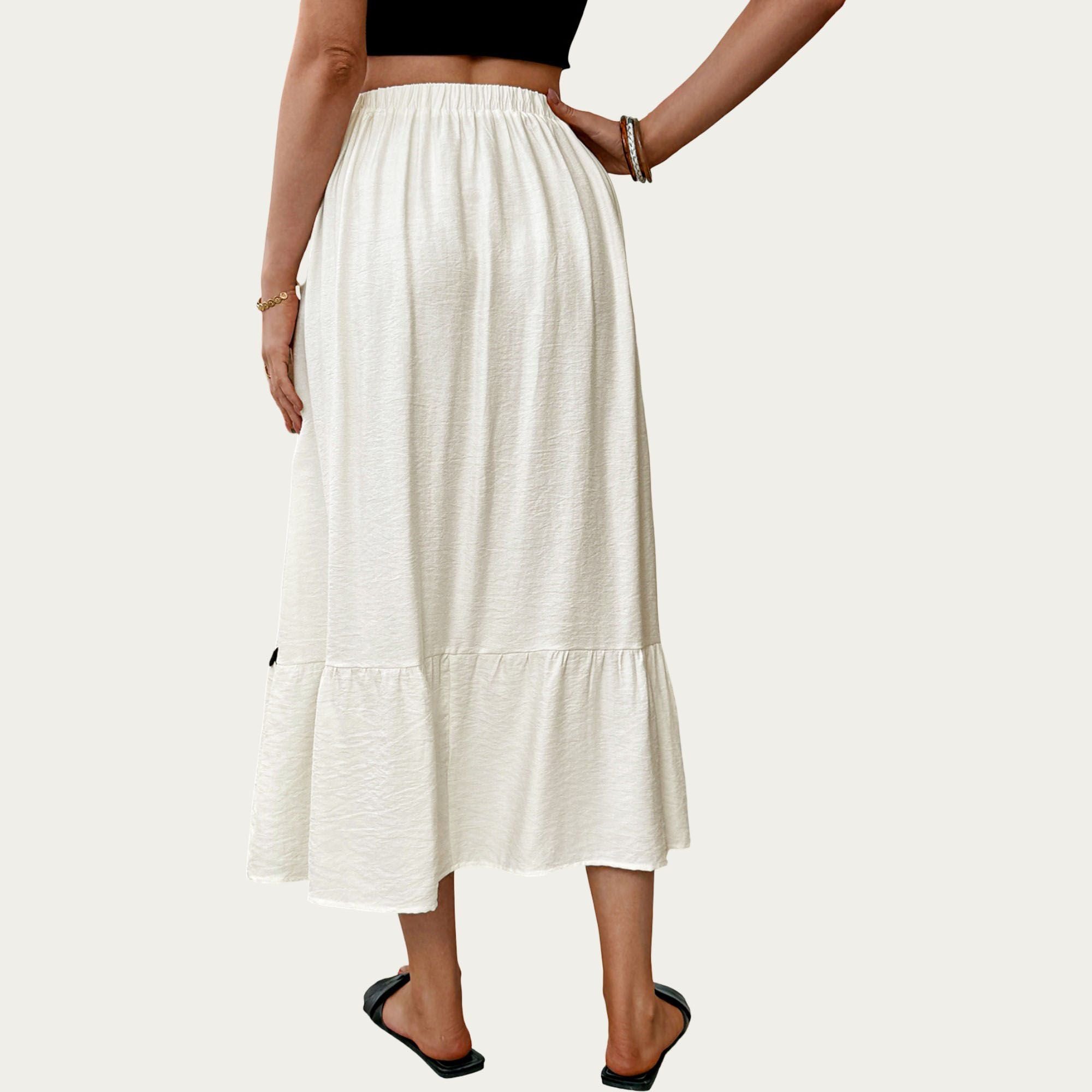 Anna-Kaci Women's High Waist Tiered Midi Skirt with Wavy Trim Detail Flowy A-Line Silhouette Lightweight Fabric