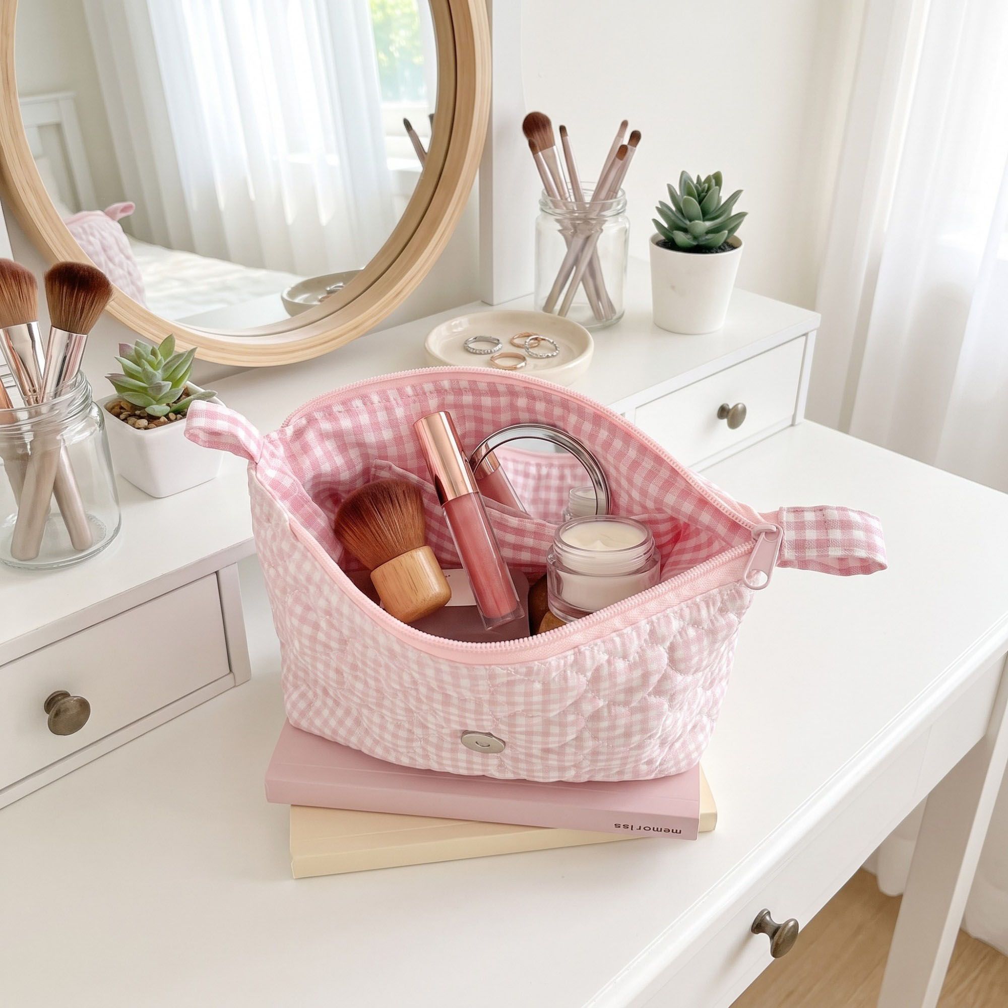 Womens Quilted Gingham Makeup Bag with Shoulder Strap Lace Ruffle Bow