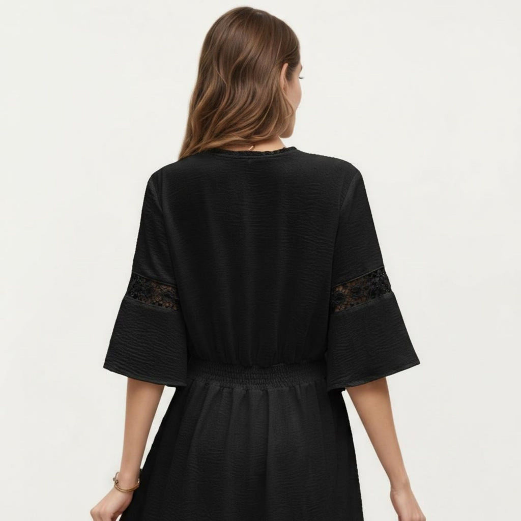 Anna-Kaci Women's V Neck Midi Dress with Lace Trim Paneling and Short Wide Sleeves Flowing Silhouette