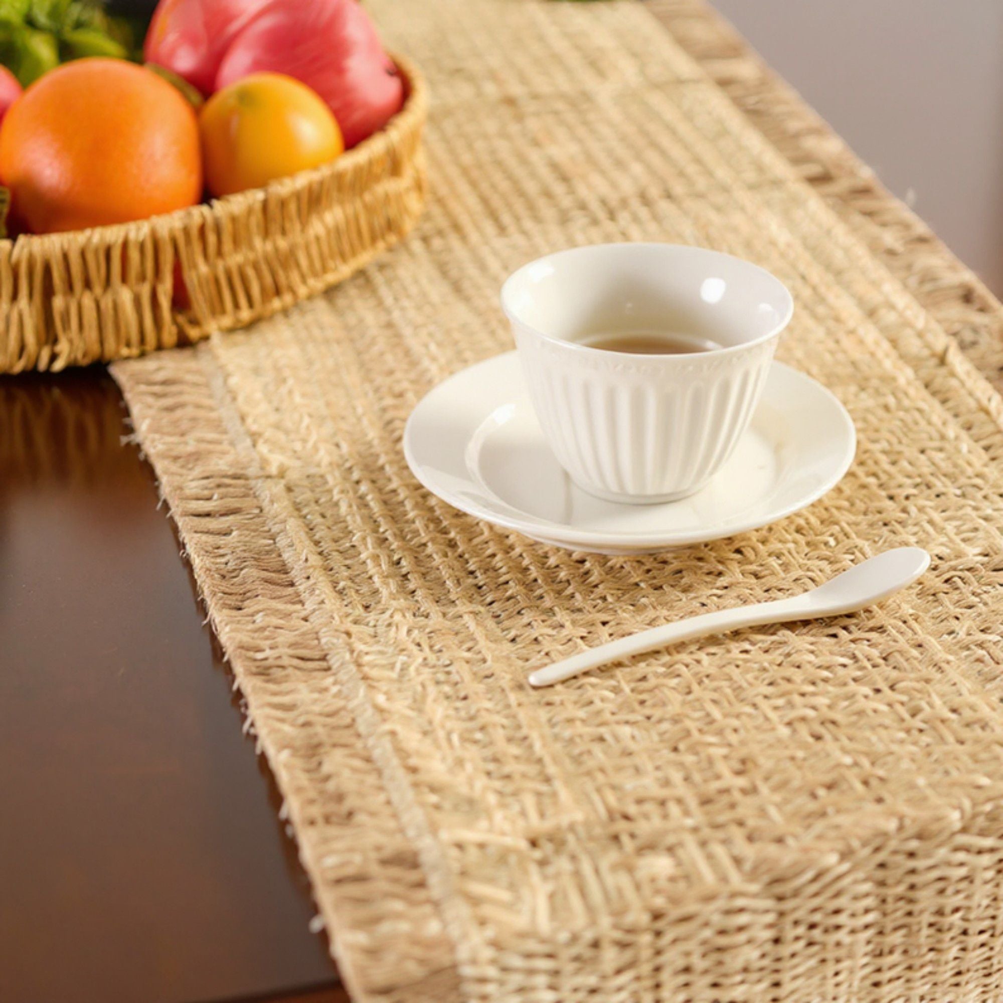Textured Woven Table Runner with Fringe Trim and Neutral Stripe Pattern 47x11.8 in