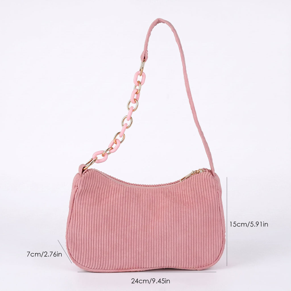 Small Corduroy Shoulder Bag with Mixed Chain Strap and Zip Closure