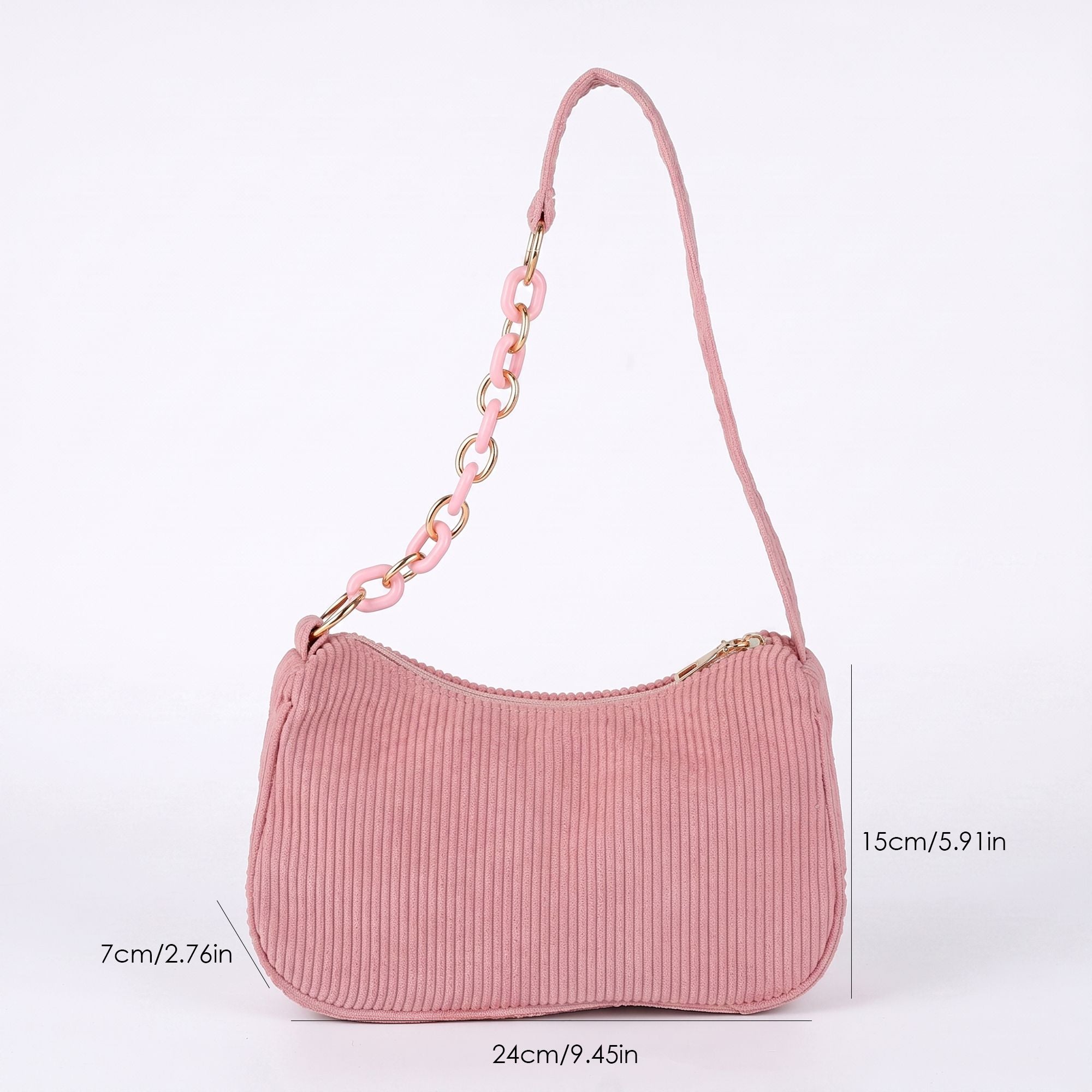 Small Corduroy Shoulder Bag with Mixed Chain Strap and Zip Closure