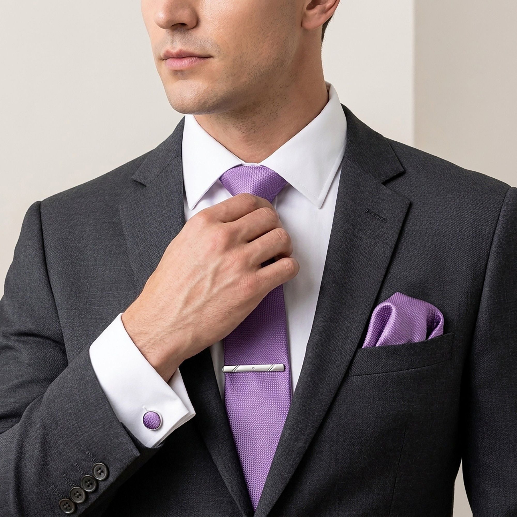 Men's Textured Solid Color Tie Gift Set with Matching Pocket Square Cufflinks and Silver Tie Clip