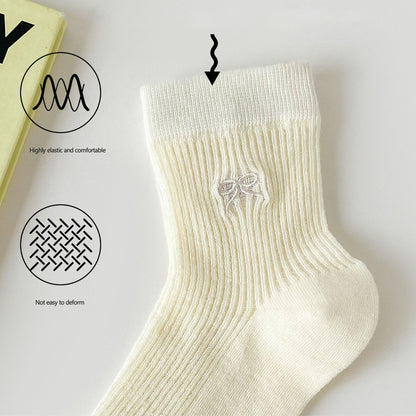 Anna-Kaci Women's Ribbed Ankle Socks with Bow Embroidery 5Pk