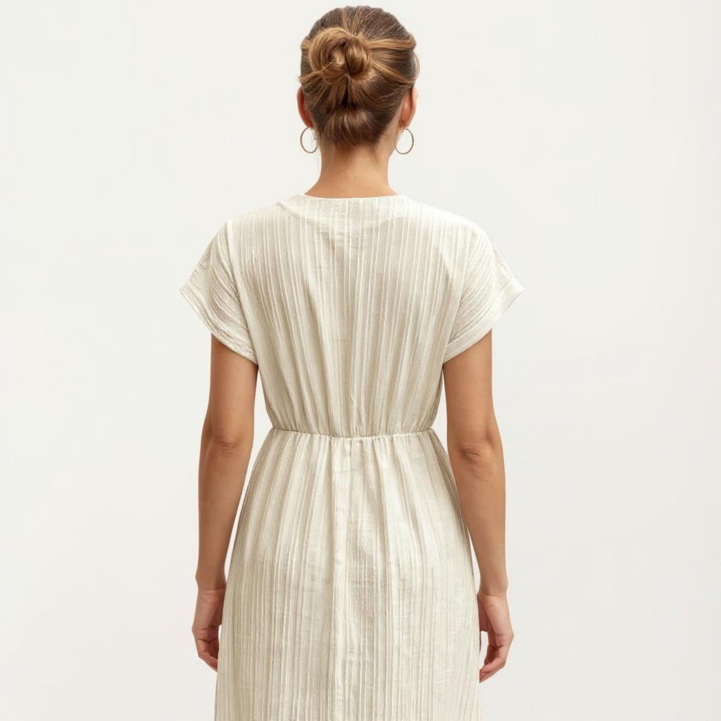 Anna-Kaci Women's Short Sleeve Midi Dress with Wrap V Neck Twist Front Waist Detail Textured Knit Flowy Fit