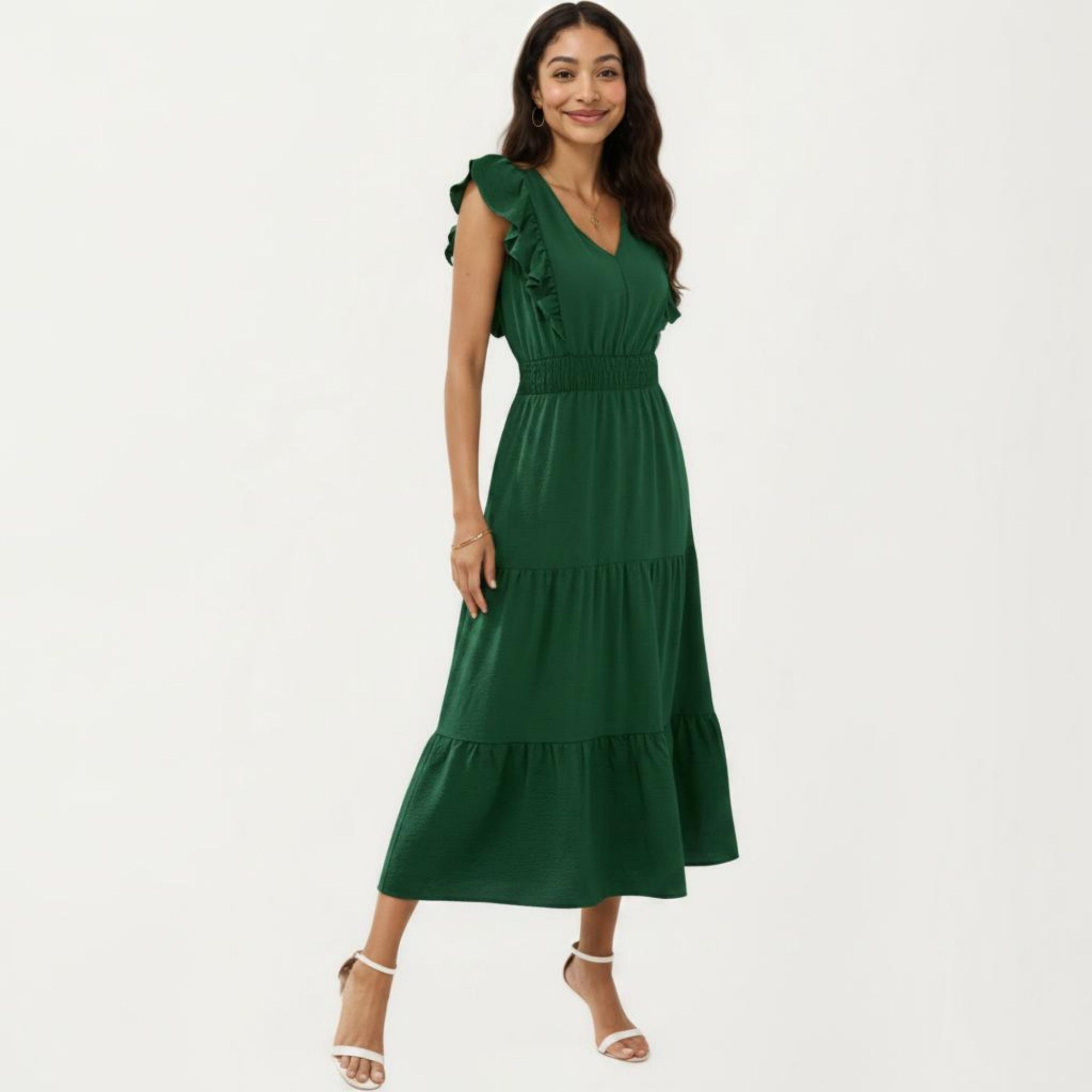 Anna-Kaci Women's Tiered Midi Dress with Ruffle Sleeves and Smocked Waist