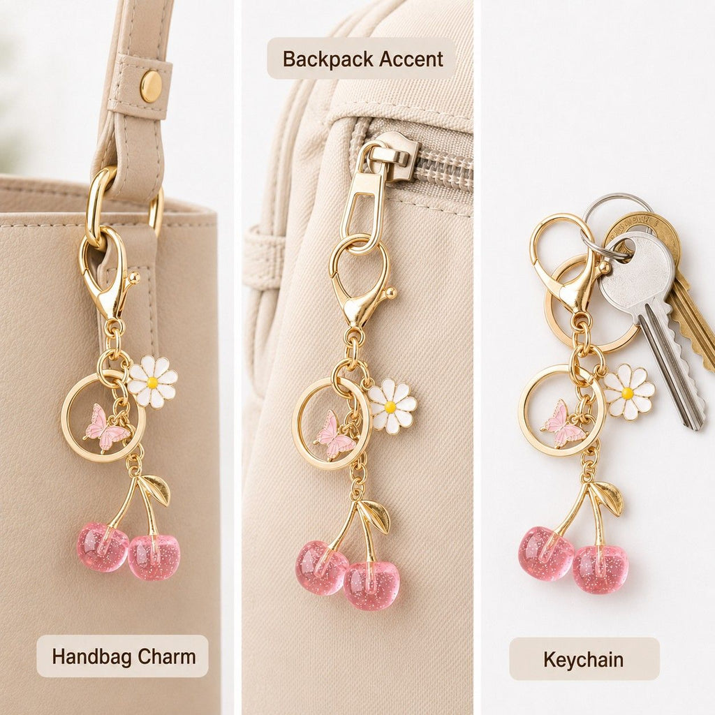 Cherry Bag Charm Keychain with Daisy and Butterfly Accents and Gold-Tone Clip