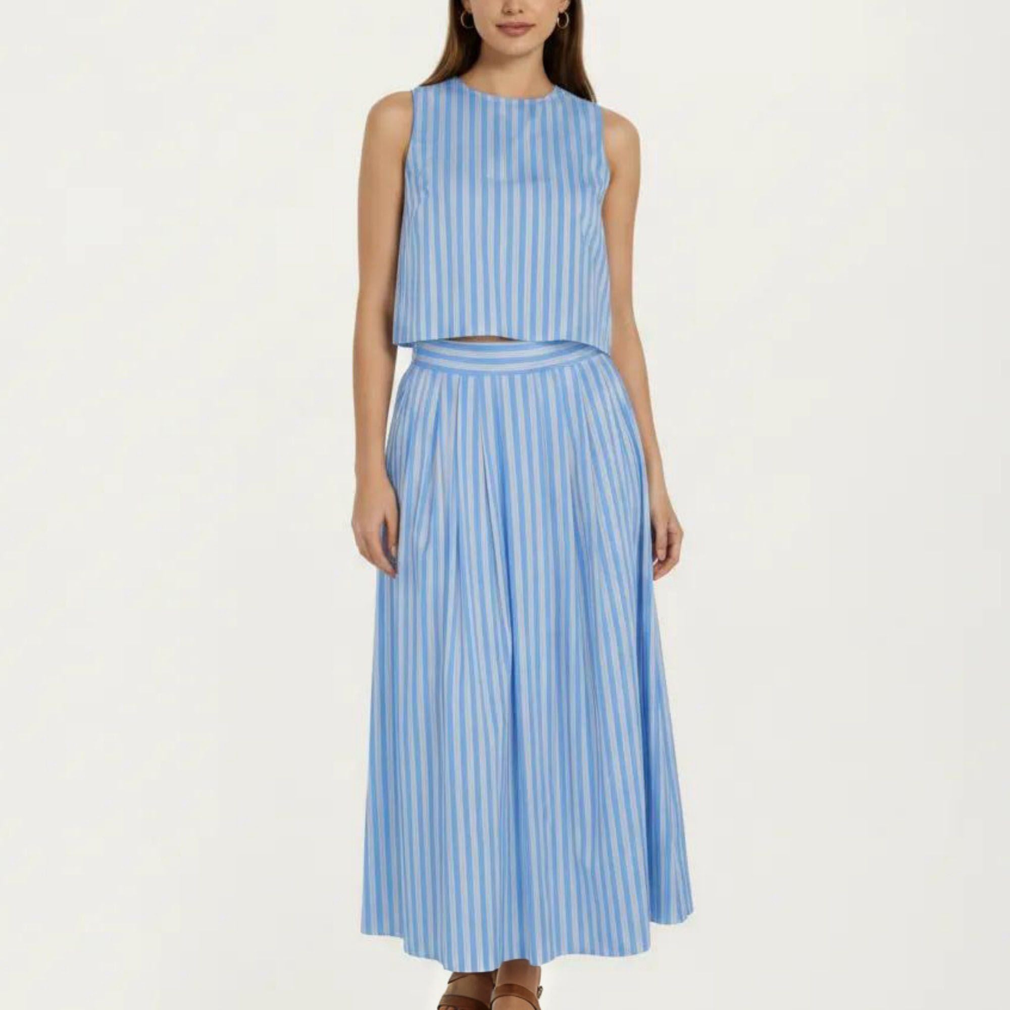 Anna-Kaci Women's Sleeveless Striped Two Piece Set Crop Top and Midi Skirt with Back Button Detail Flowy High Waist Set