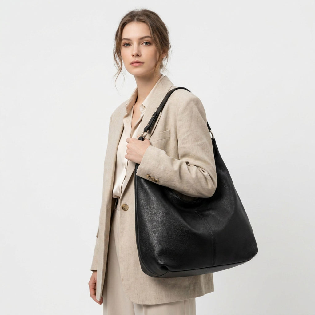 Large Slouchy Hobo Shoulder Bag with Zip Closure and Inner Pockets