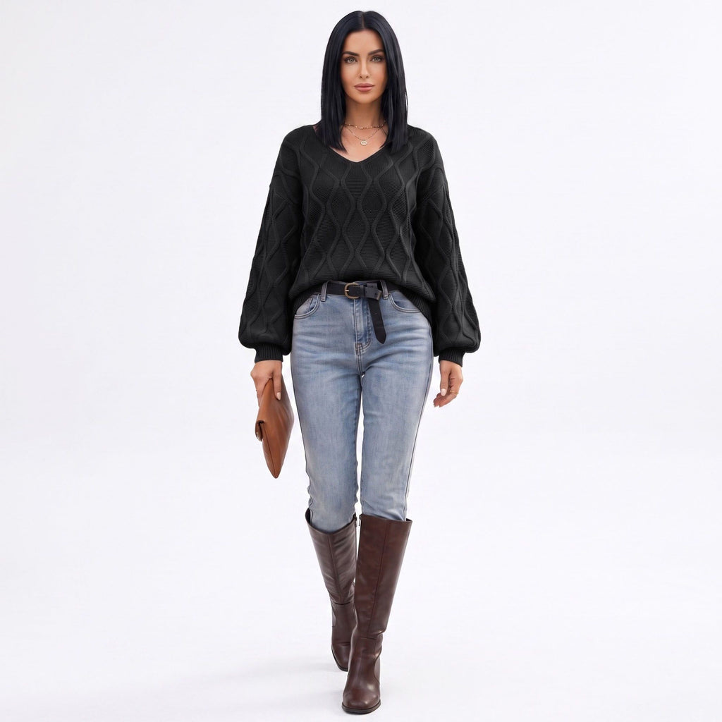 Cable Knit V-Neck Balloon Sleeve Sweater