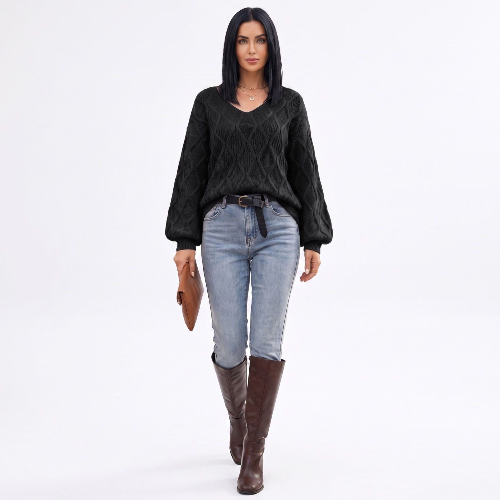Cable Knit V-Neck Balloon Sleeve Sweater