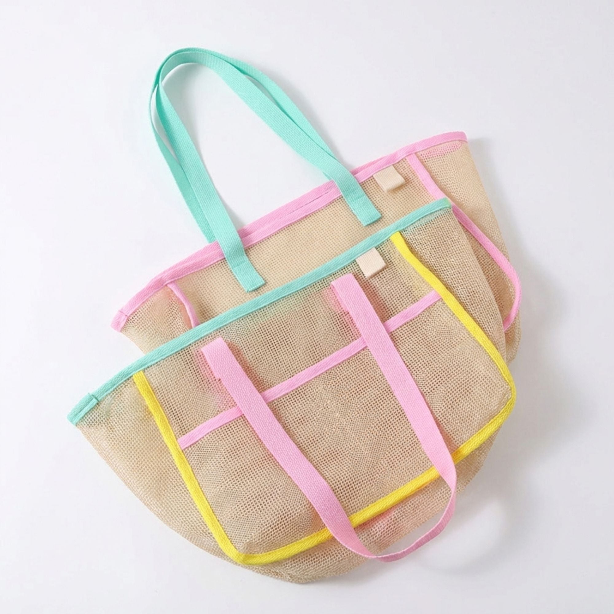 Mesh Tote Bag with Colorblock Trim and Shoulder Handles