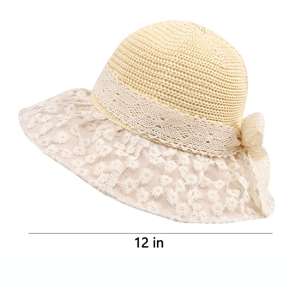 Crochet Sun Hat with Lace Bow Accent and Embroidered Sheer Wide Brim