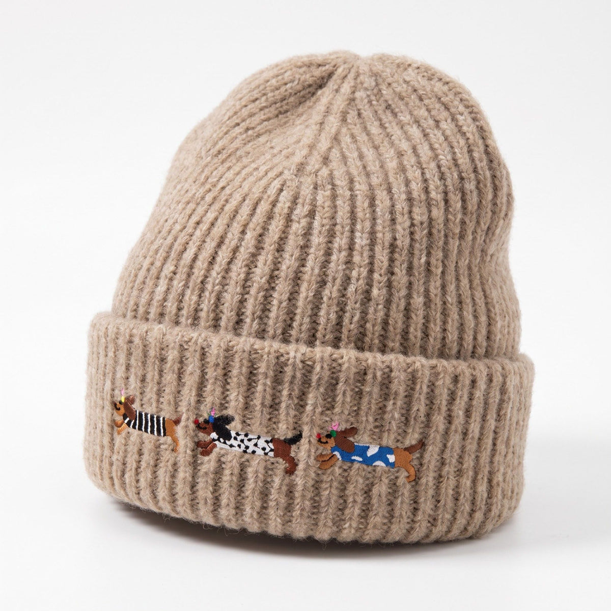 Embroidered Dachshund Knit Beanie Ribbed Cuff Winter Hat