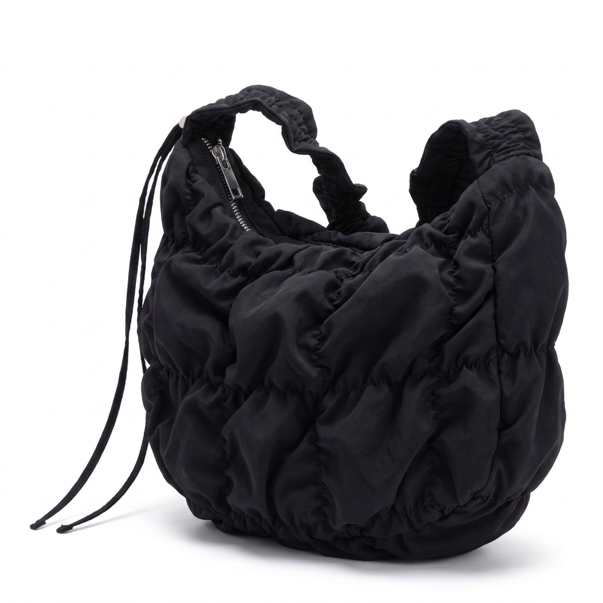 Ruched Puffer Shoulder Bag with Gathered Strap and Top Zipper Closure 10.5x8.5x3in
