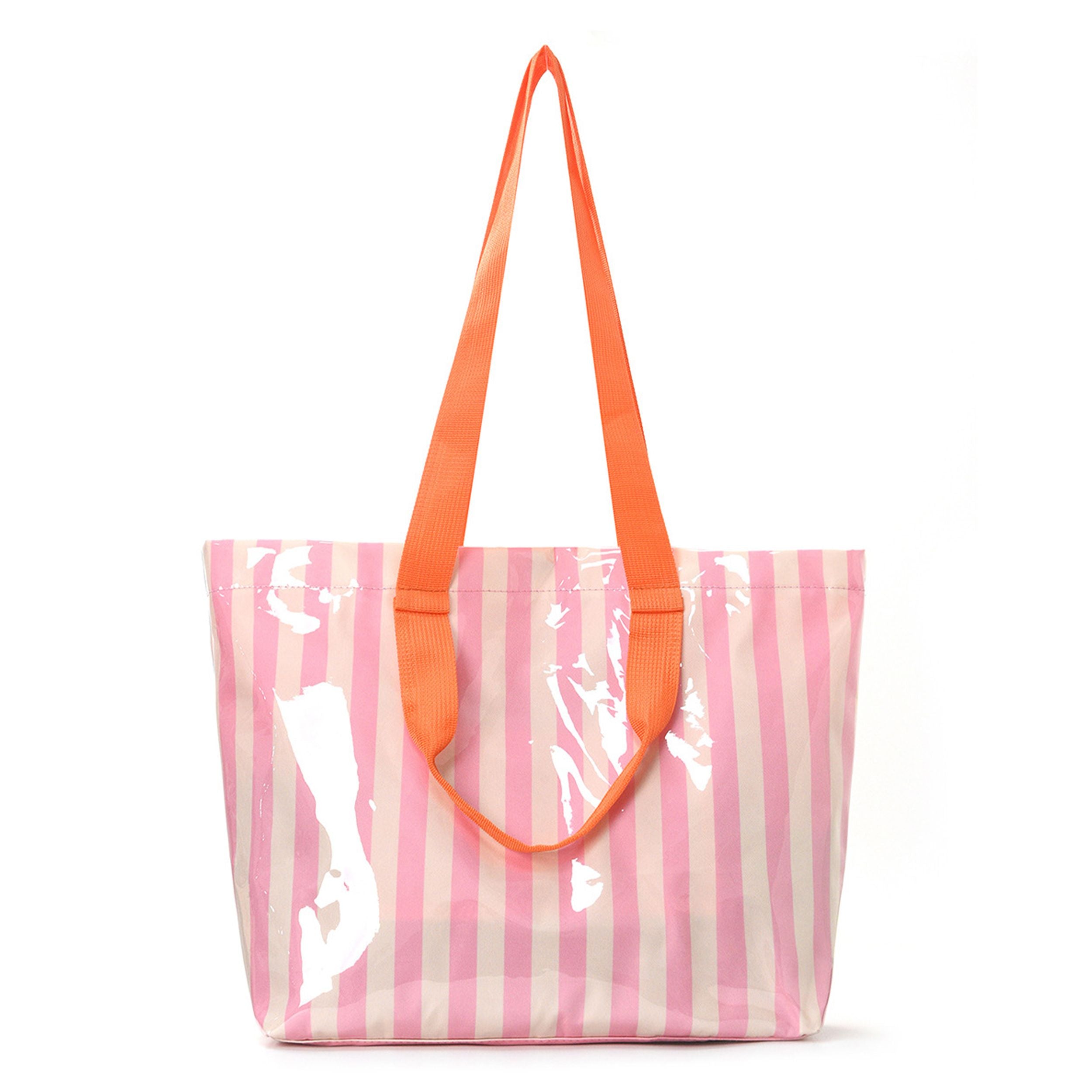 Striped PVC Beach Tote Bag with Magnetic Closure and Zip Pocket
