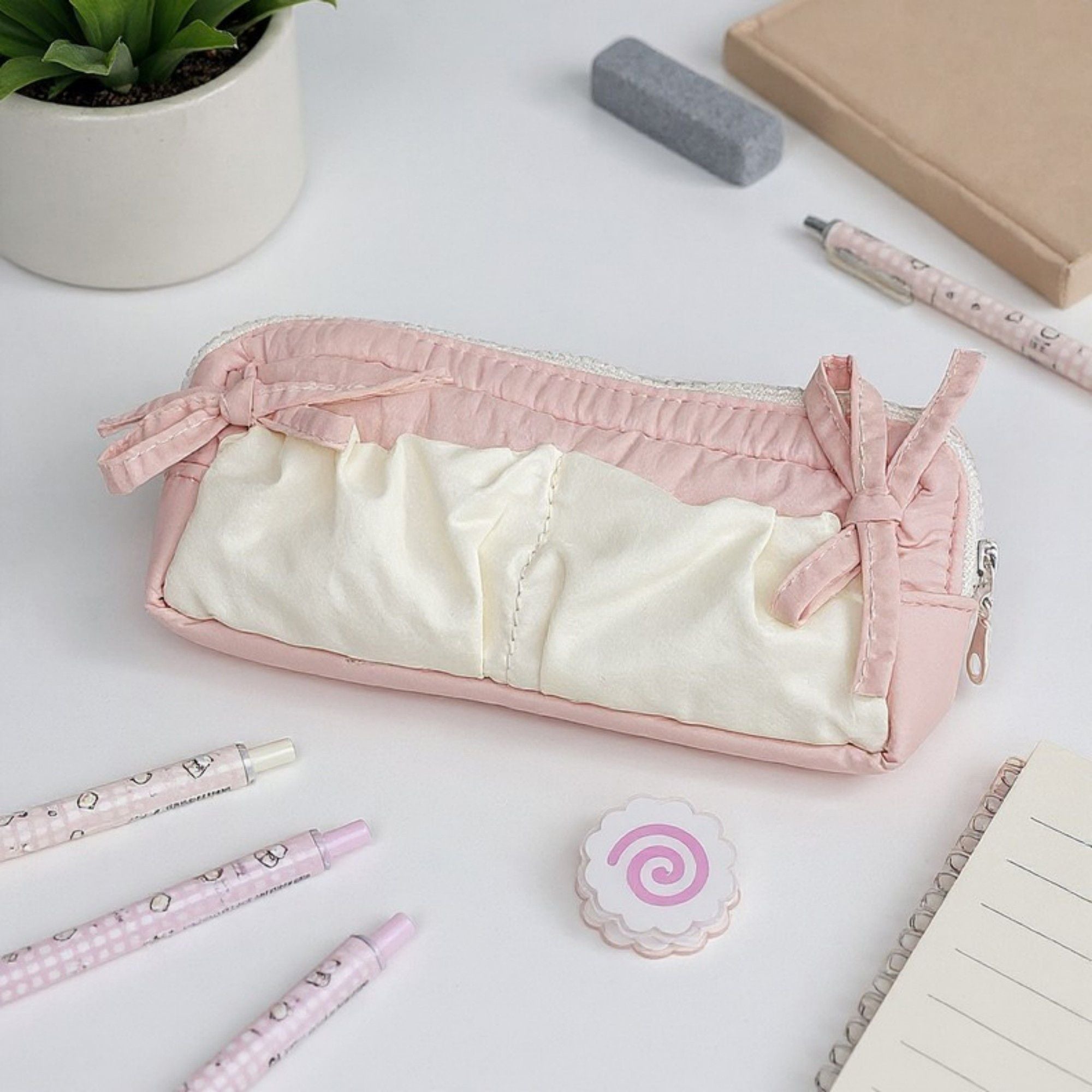 Ruffled Ribbon Zipper Pouch with Dual Compartments and Soft Quilted Texture