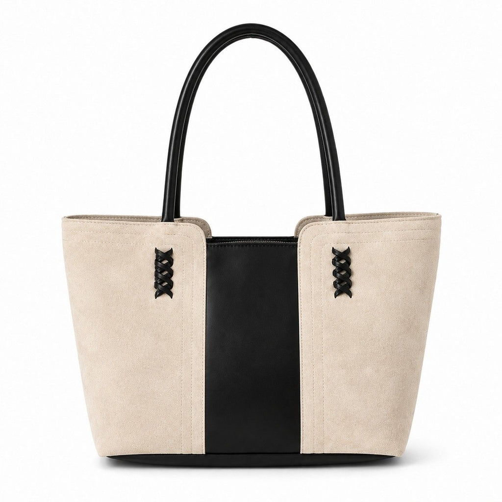 Faux Suede Tote Bag with Double Shoulder Handles Zip Closure and Interior Pockets