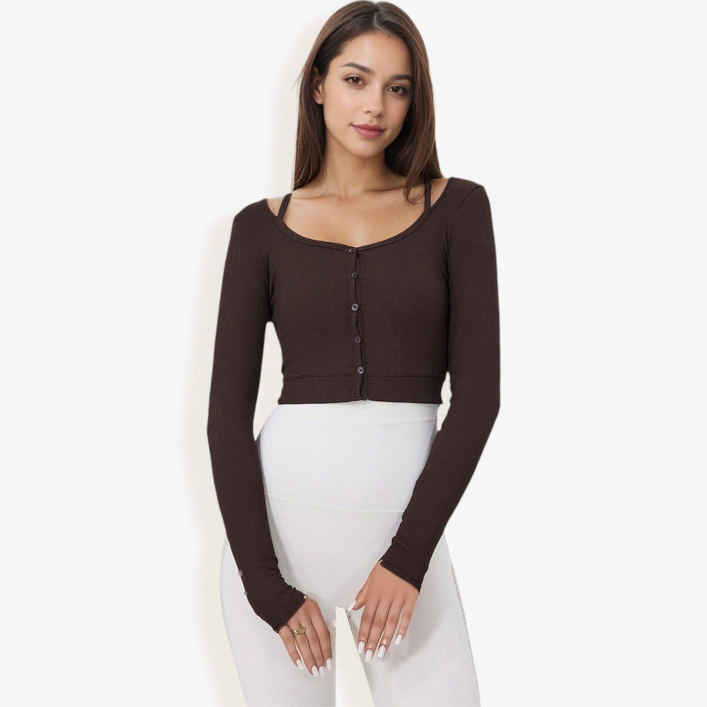 Cropped Button-Up Ribbed Long Sleeve Top with Scoop Neckline