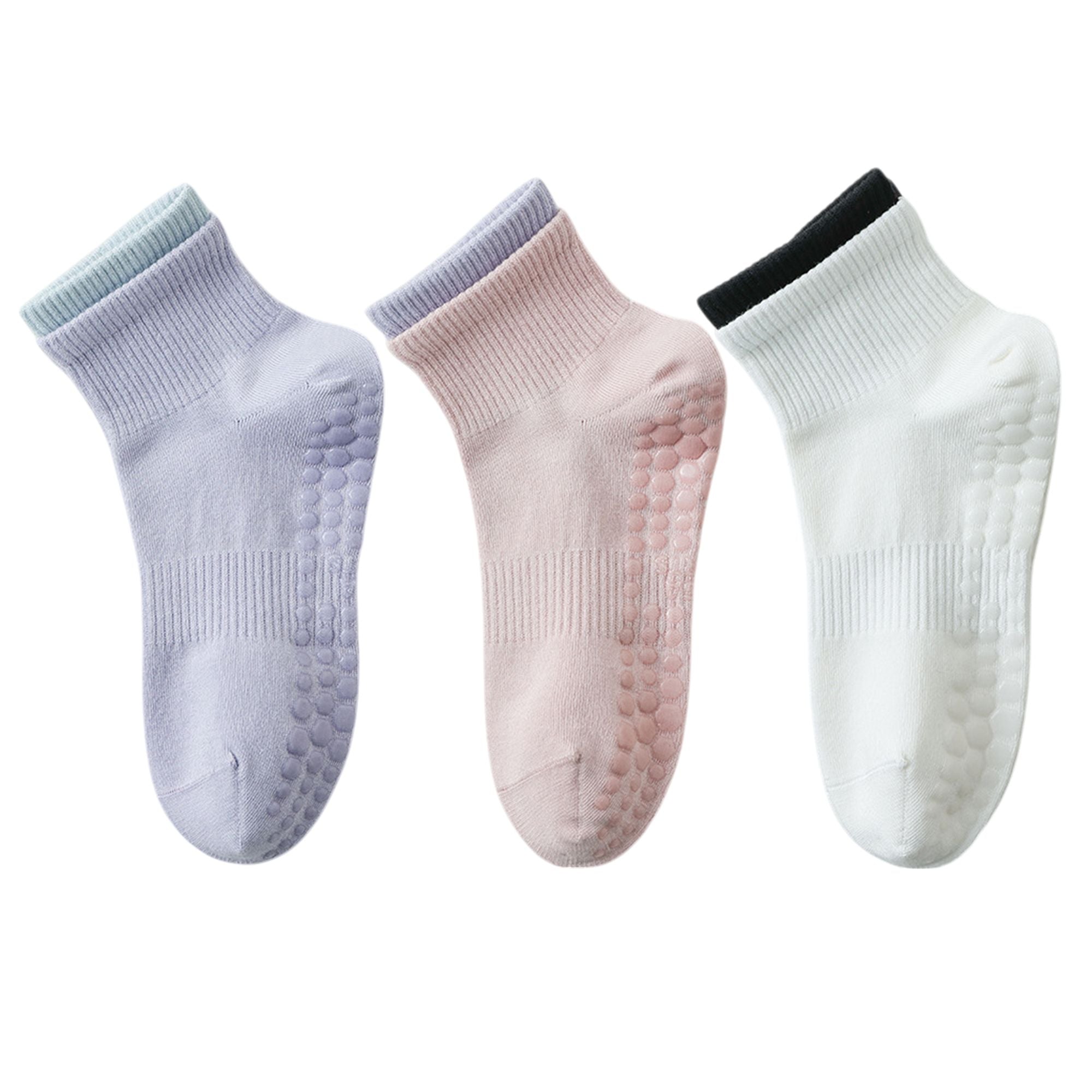 Anna-Kaci Women's 3-Pair Set Short Ankle Grip Socks with Ribbed Cuffs Cushioned Soles and Anti-Slip Bottom for Walking or Yoga