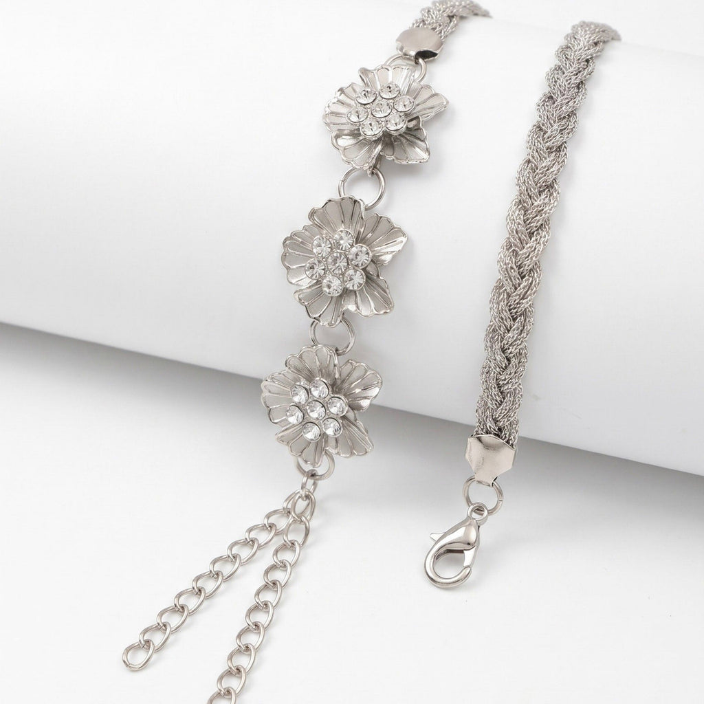Triple Floral Braided Metal Waist Belt Adjustable Vintage Floral Statement Waist Jewelry 43.3in