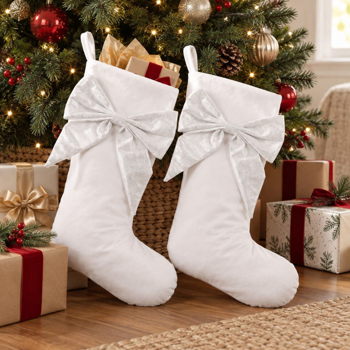 2 Pack 18 Inch Christmas Stockings with Oversized Bow Hanging Loop Holiday Mantel Decor