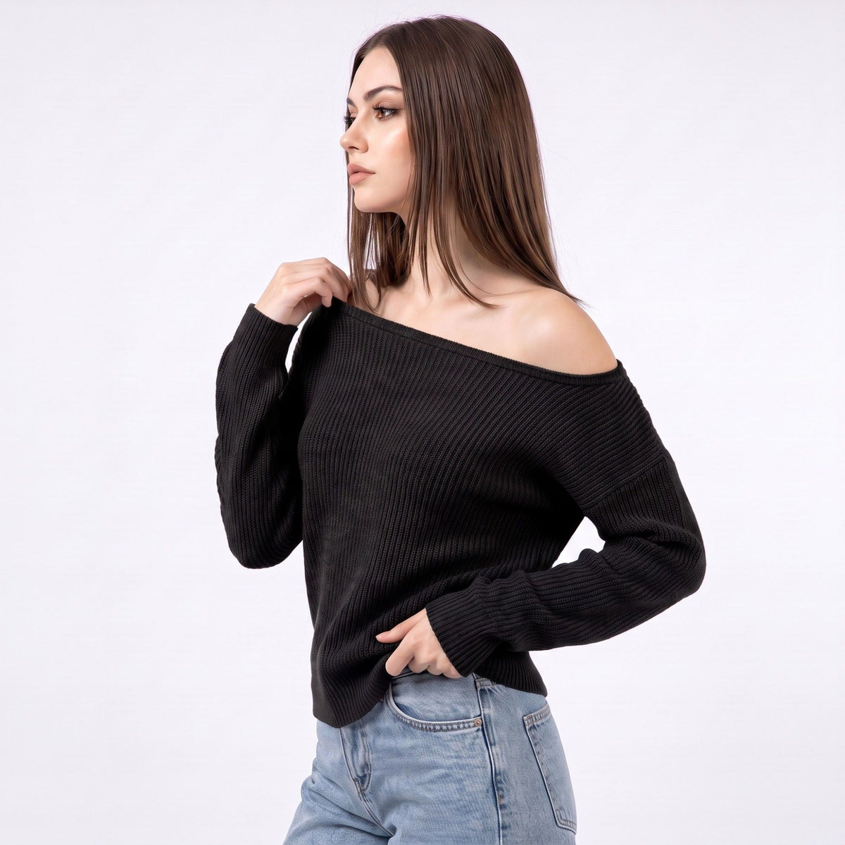Off Shoulder Ribbed Knit Pullover Sweater