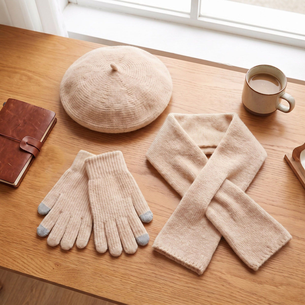 3 Piece Beret Scarf and Touchscreen Gloves Winter Set