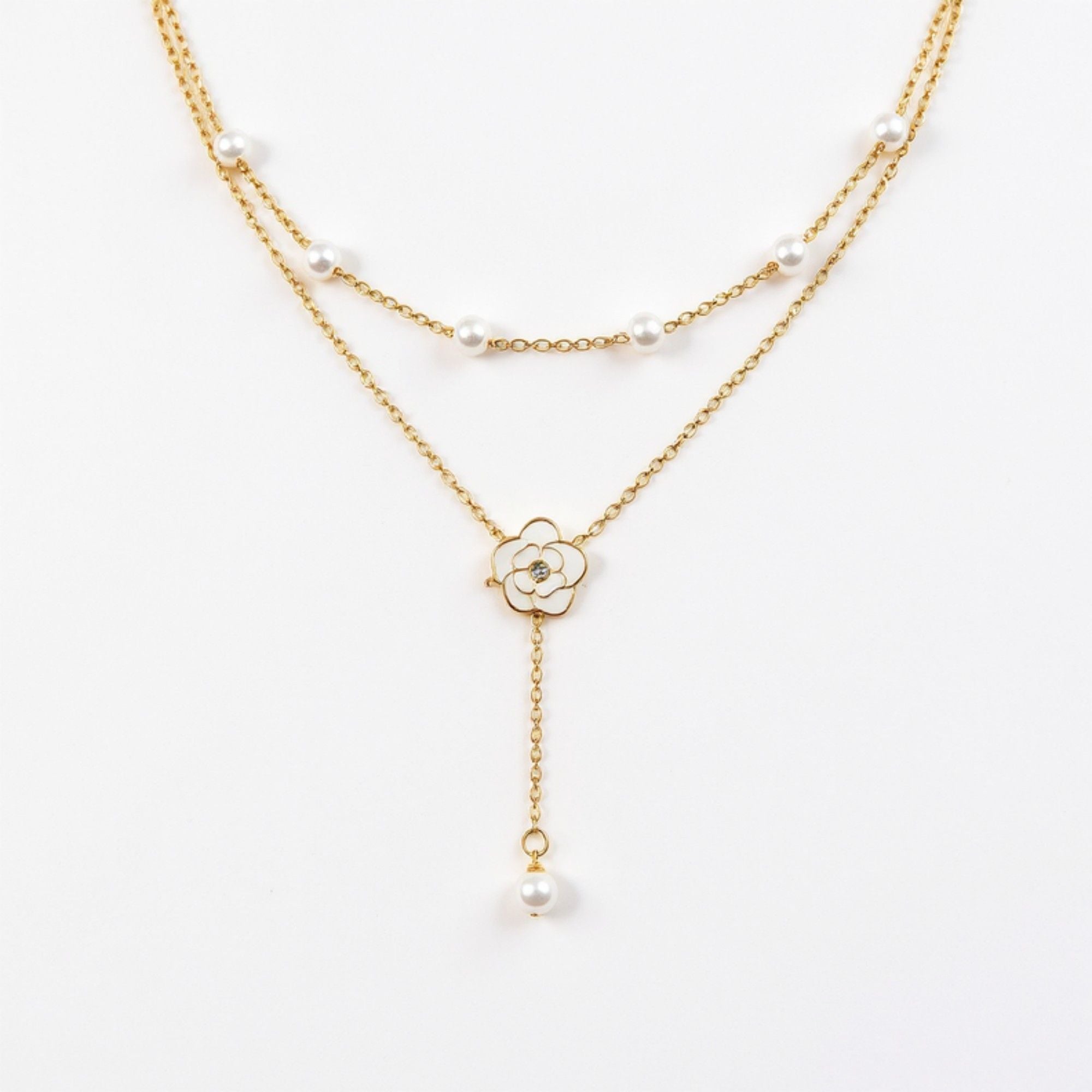 Layered Chain Necklace with Delicate Pearl Accents and Open Petal Floral Pendant Featuring Droplet Charm Detail