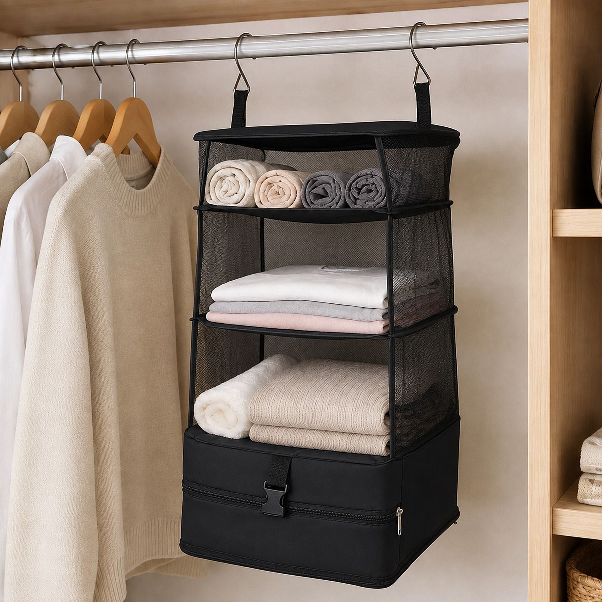 3 Shelf Hanging Closet Organizer with Zipper Storage Compartment and Hooks