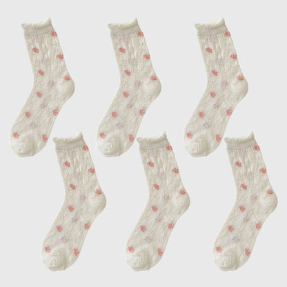 Anna-Kaci Women's Sheer Floral Embroidered Ankle Socks with Ruffle Cuff 6Pk