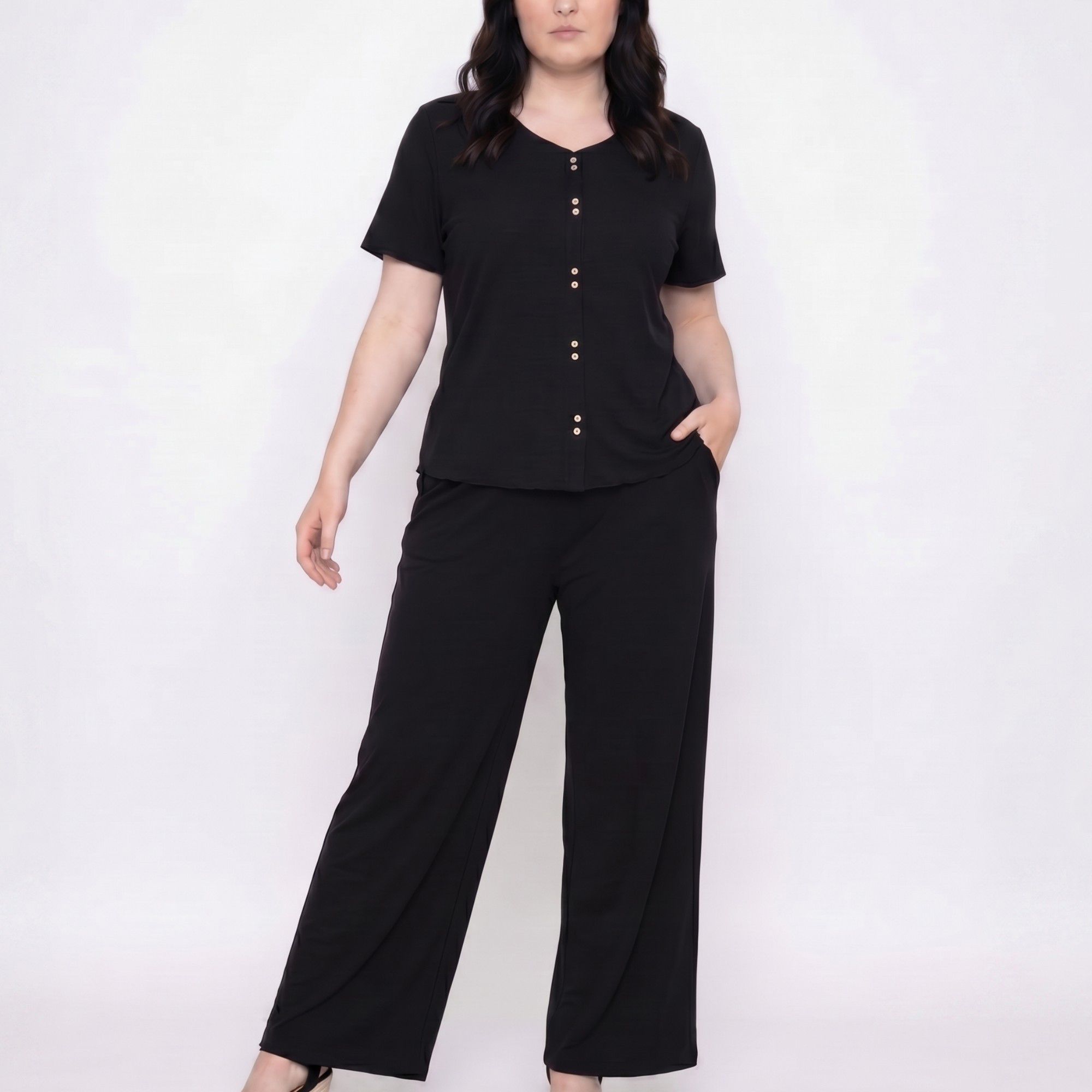 Plus Size 2-Piece Short Sleeve Button Front Pajama Top and Wide Leg Pants Sleepwear Lounge Set