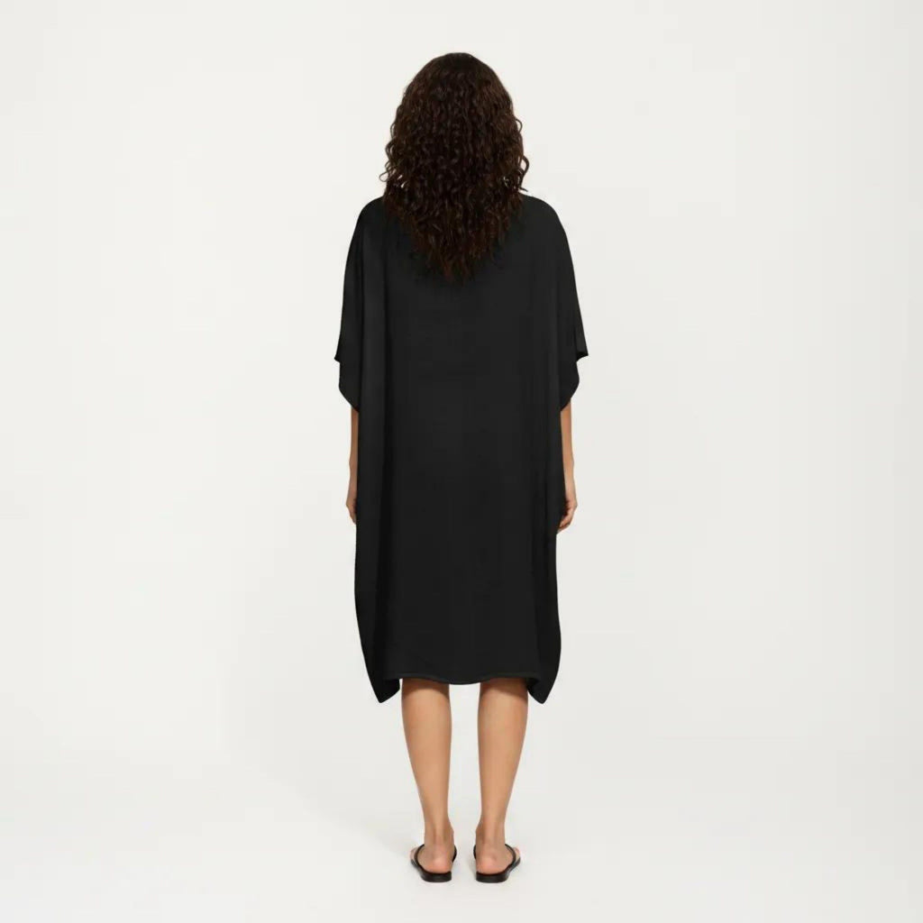 Anna-Kaci Women's Crochet Trim Swim Cover Up Dress Loose Short Sleeve Lightweight Beach Kaftan