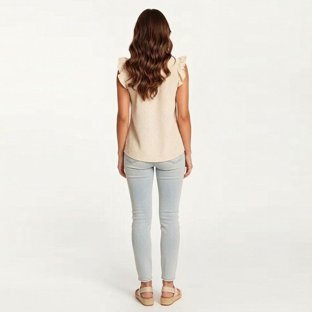 Anna-Kaci Women's Sleeveless Swiss Dot Button Front Top with Ruffle Shoulders and Scalloped Neckline