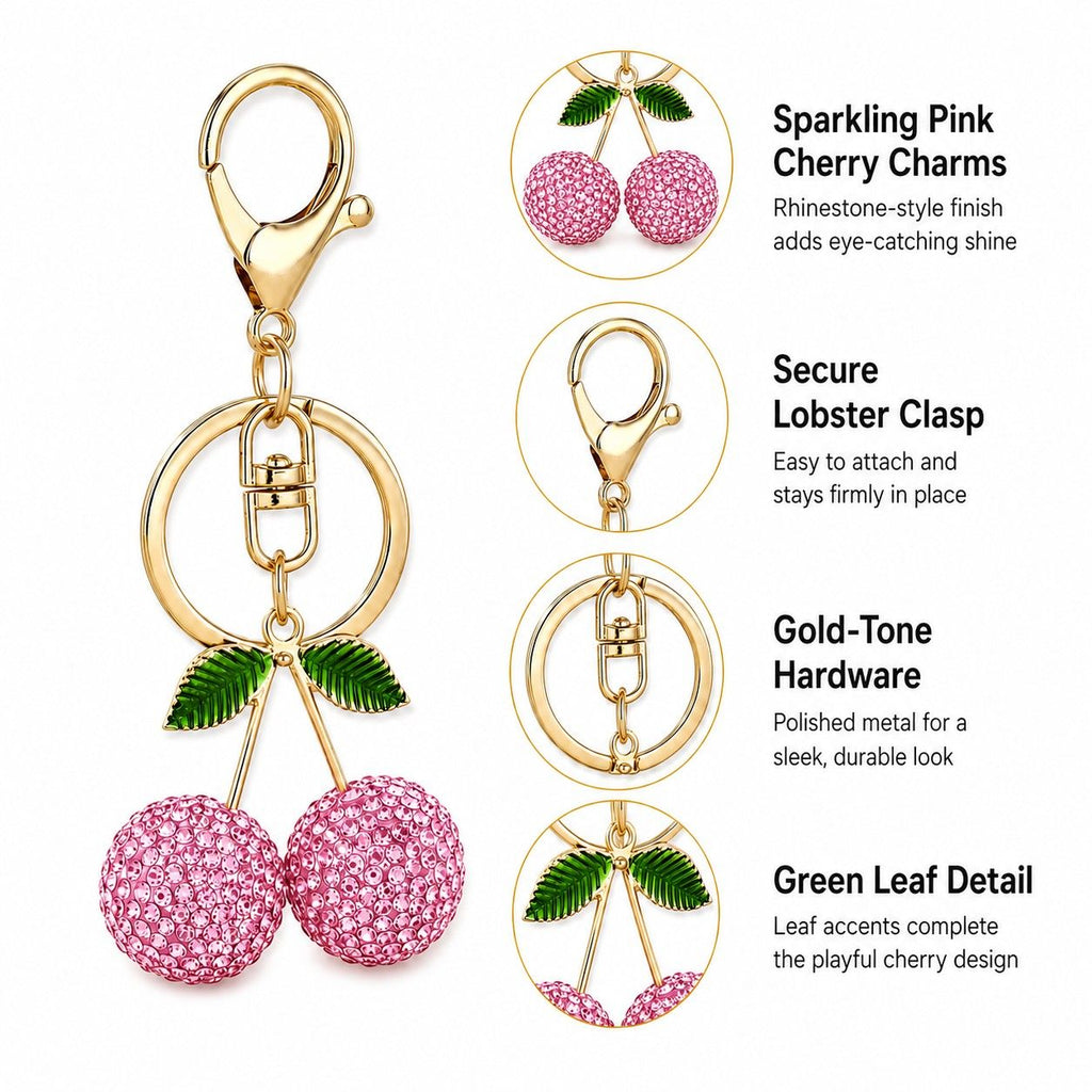 Rhinestone Cherry Bag Charm Keychain with Gold-Tone Lobster Clasp
