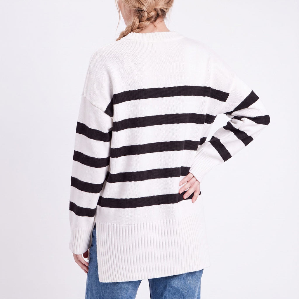 Oversized Striped Crewneck Side Slit Tunic Sweater