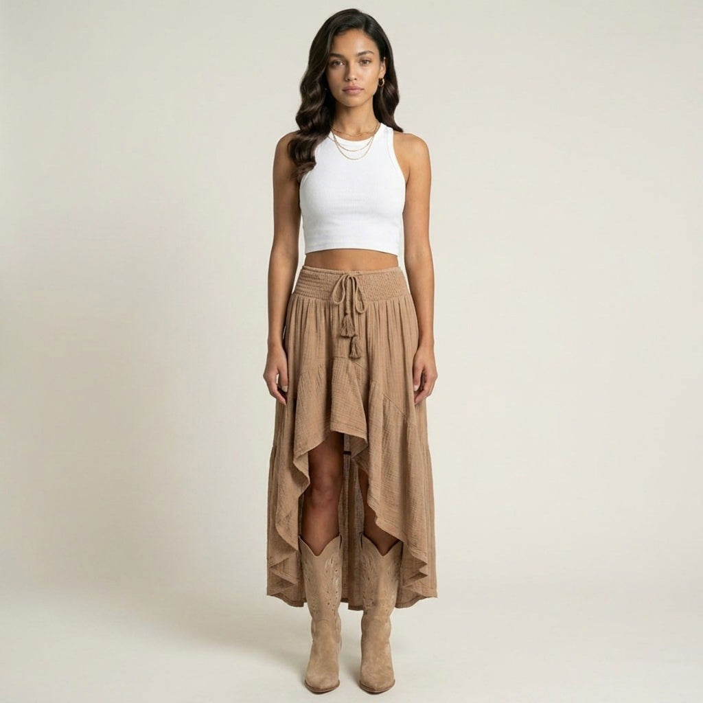 Anna-Kaci Women's High Low Maxi Skirt Smocked Waist Tassel Tie Flowy Tiered Boho Casual Skirt