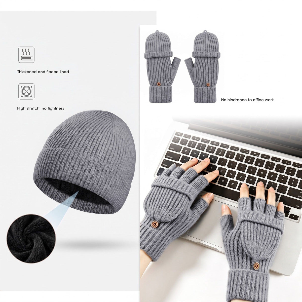 3 Piece Beanie Scarf and Convertible Fingerless Gloves Winter Set