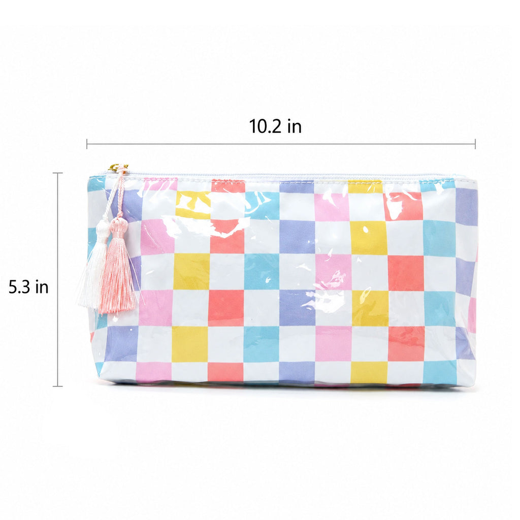 Rainbow Check PVC Cosmetic Pouch Makeup Bag with Zip Closure