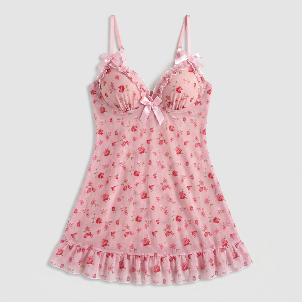 Floral Sheer Mesh Ruffle Chemise Nightgown