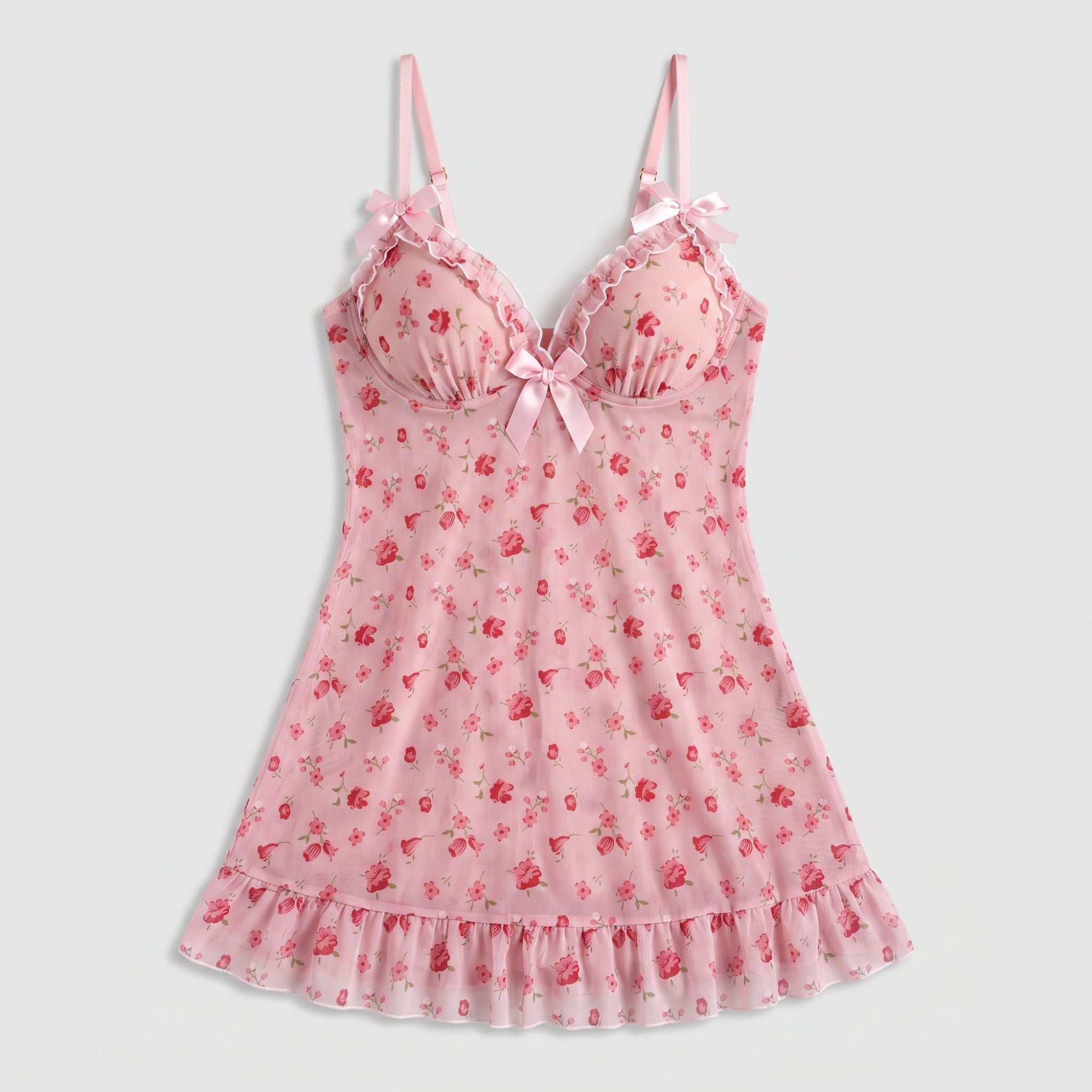 Floral Sheer Mesh Ruffle Chemise Nightgown