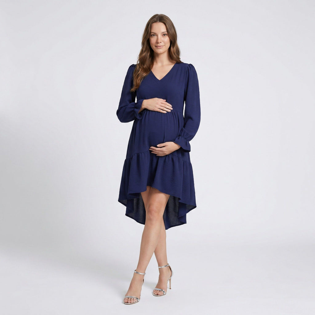 Anna-Kaci Women's Maternity V Neck High Low Mini Dress with Long Sleeves and Tiered Hem