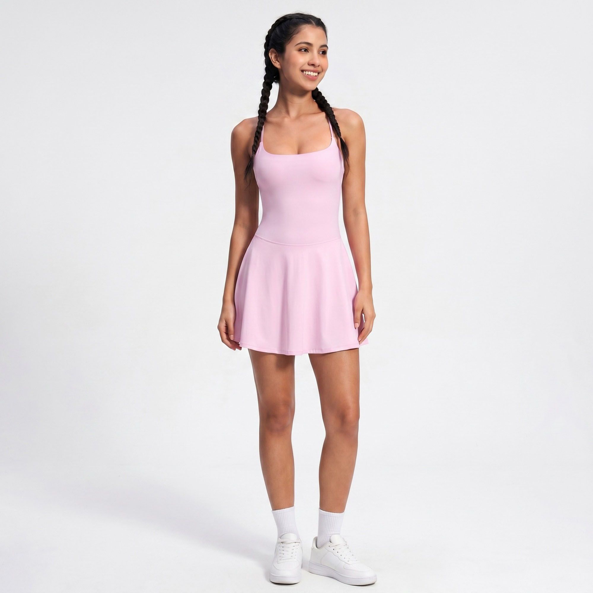 Cami Strap Active Dress Scoop Neck Flared Skirt Workout Yoga Tennis Dress