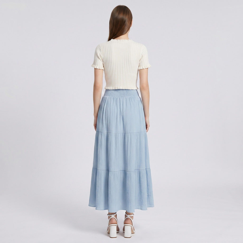 High Waist Smocked Tiered Maxi Skirt Boho Flowy Textured Long Skirt