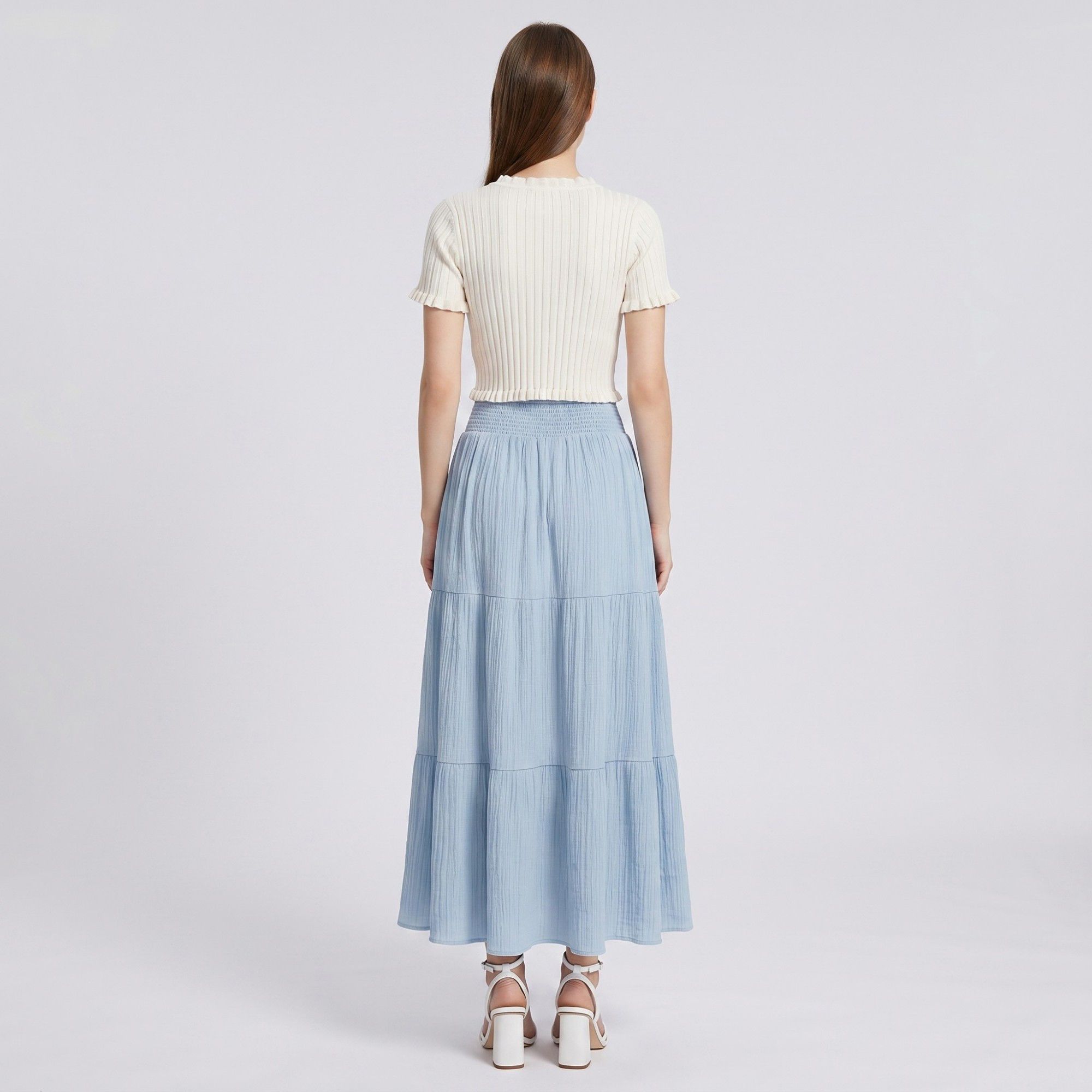 High Waist Smocked Tiered Maxi Skirt Boho Flowy Textured Long Skirt