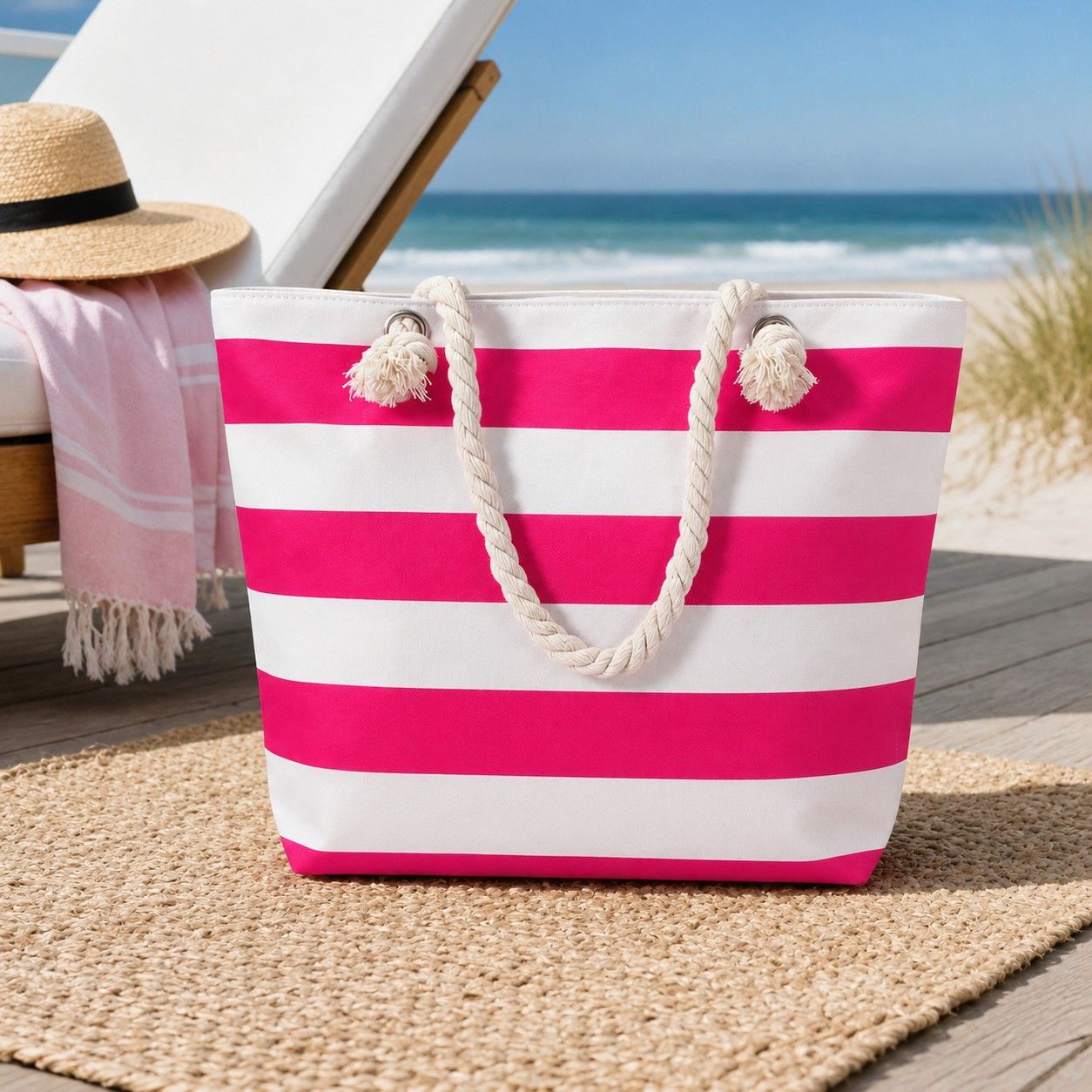 Striped Canvas Beach Tote Bag with Zip Closure and Rope Shoulder Handles