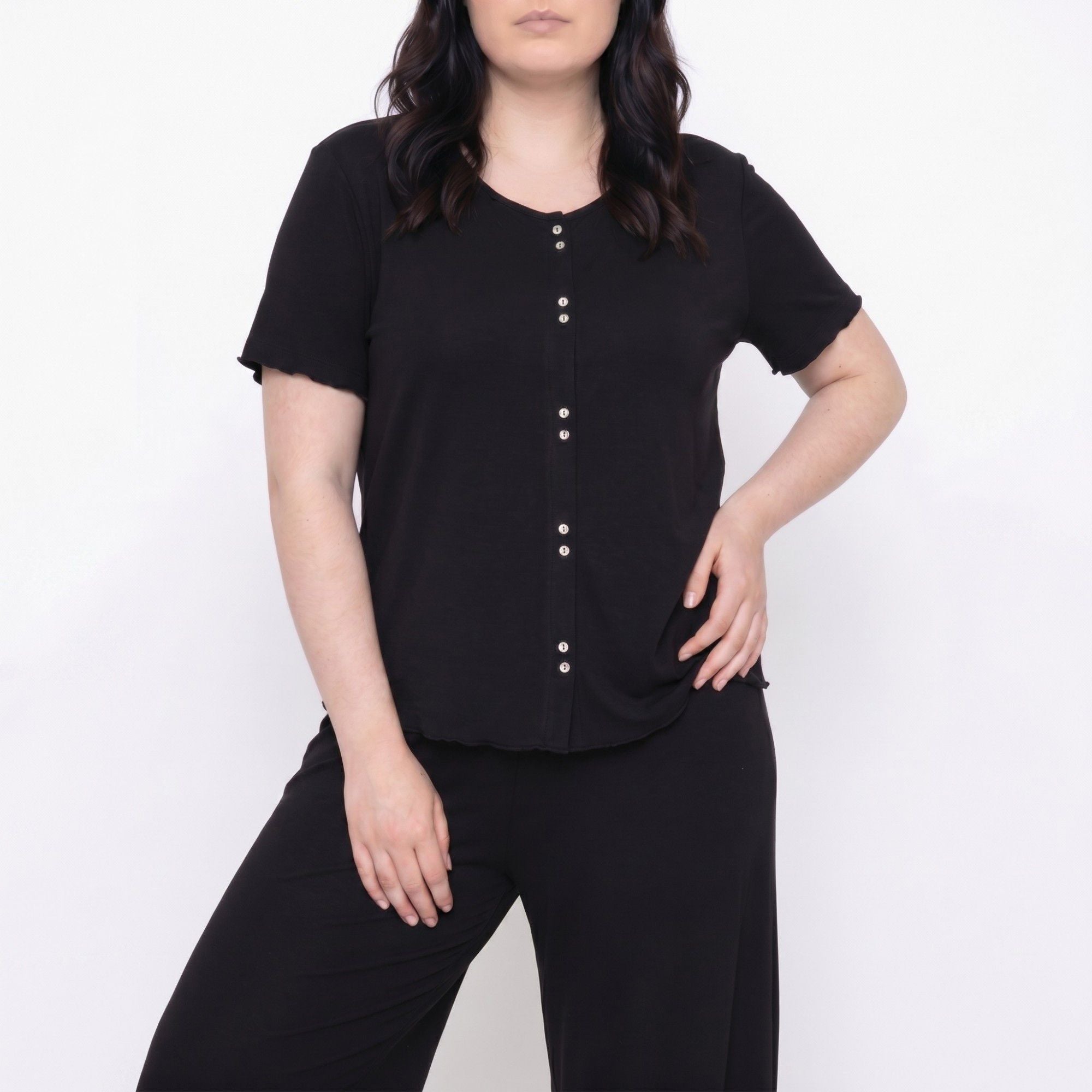 Plus Size 2-Piece Short Sleeve Button Front Pajama Top and Wide Leg Pants Sleepwear Lounge Set
