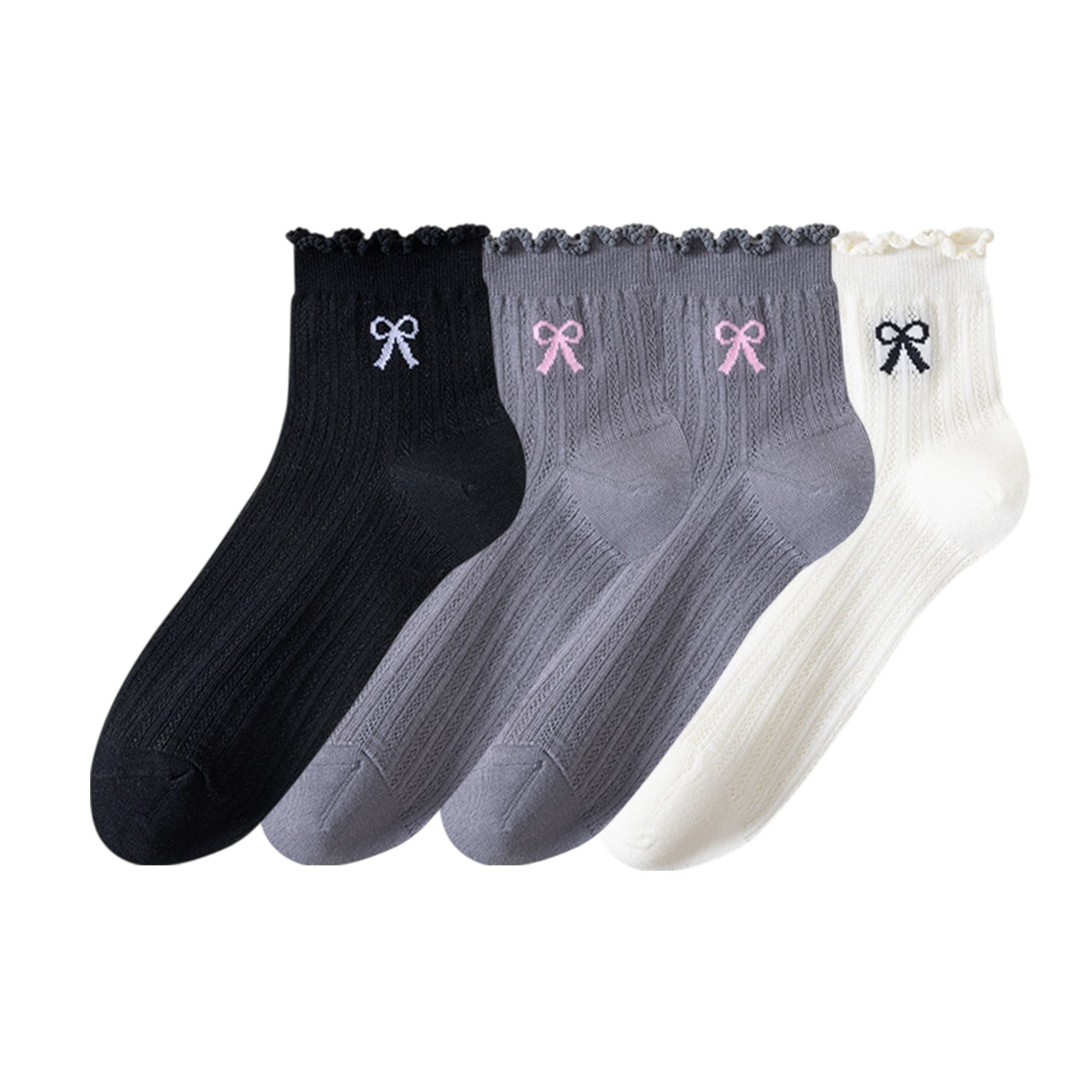 Anna-Kaci Women's 4-Pair Pack Sheer Ribbed Ankle Socks with Ruffled Trim and Embroidered Bow Detail in Multiple Color Combinations