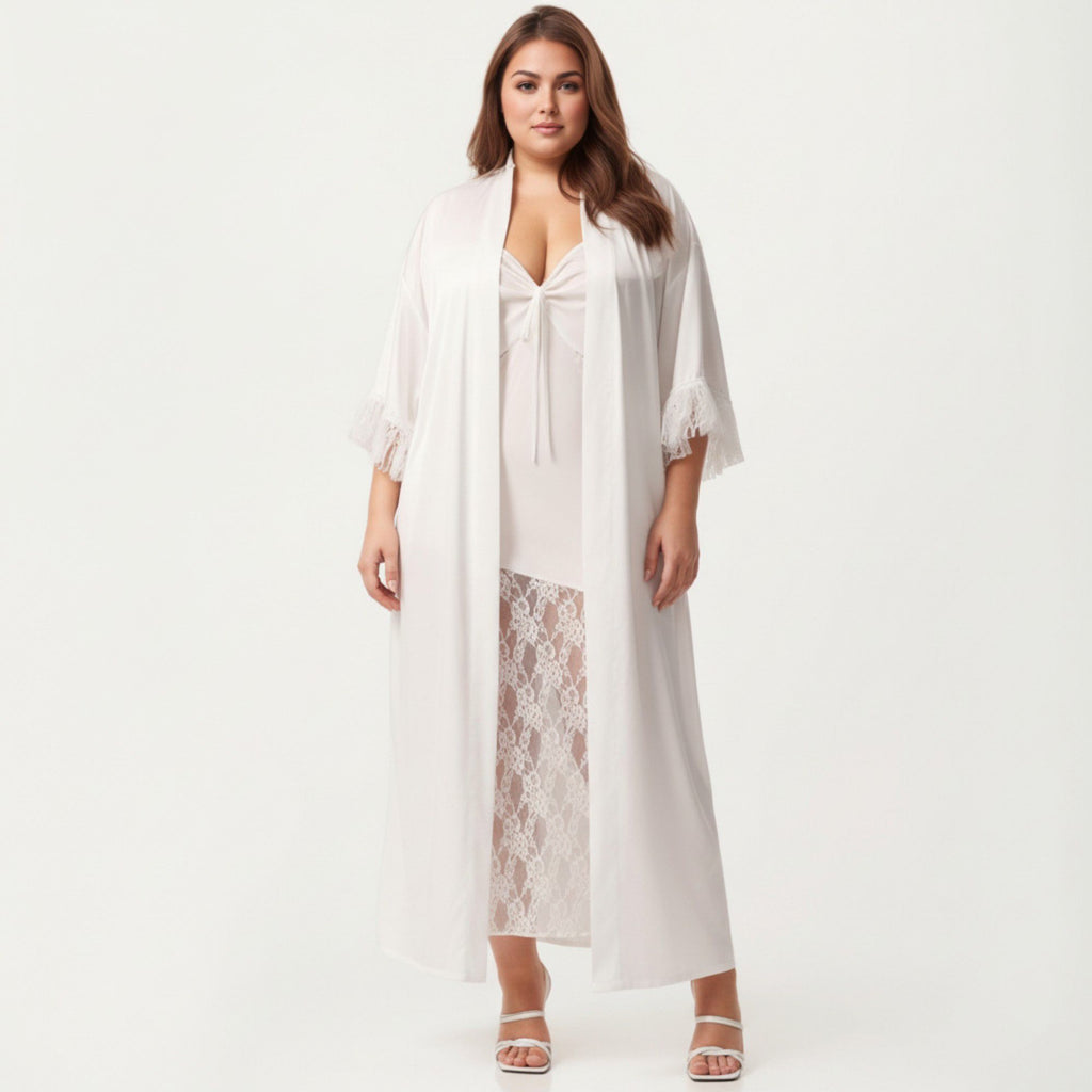 Anna-Kaci Lounge Women's Plus Size Long Sheer Lace Panel Robe Open Front Lightweight Sleepwear