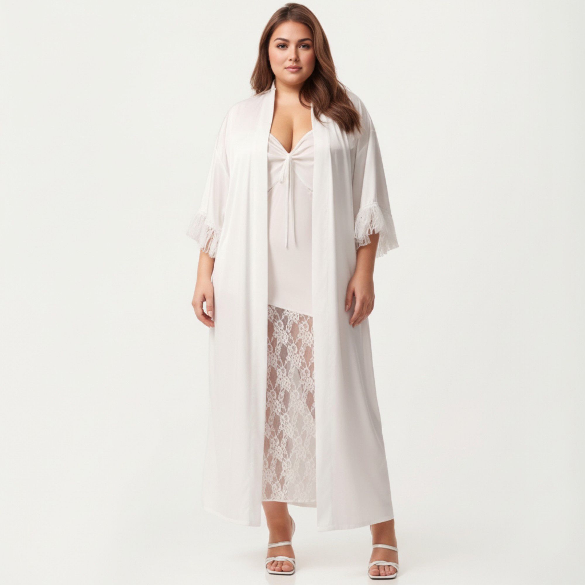 Anna-Kaci Lounge Women's Plus Size Long Sheer Lace Panel Robe Open Front Lightweight Sleepwear